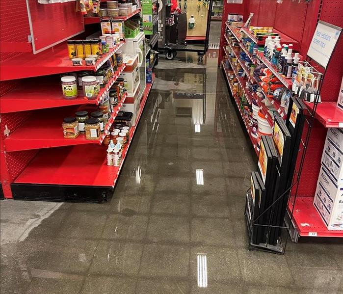 pet store with grey water damaged floors with shelfs full of items